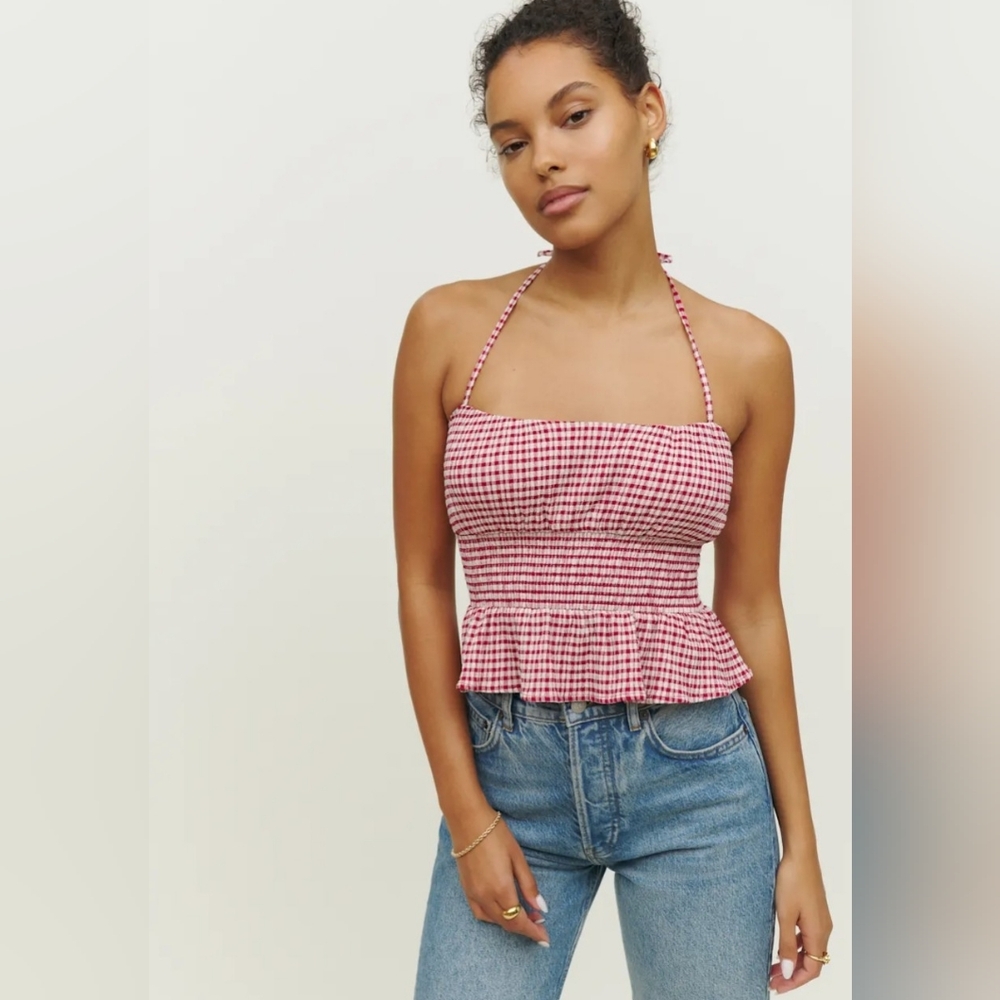 Reformation Gingham Print Halter Peplum Top Burgundy Red Cream - Size 0